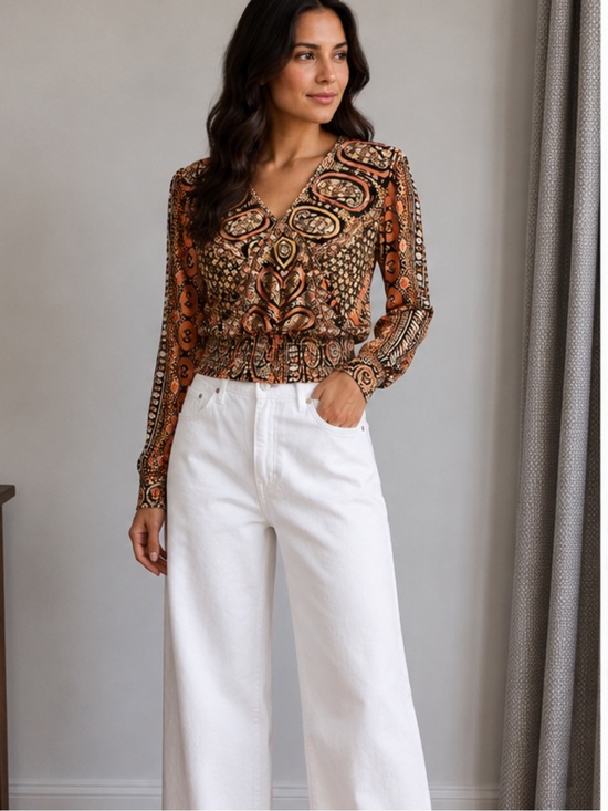 Free People Tops - Free People Orange and Gold Paisley V-Neck Long Sleeve Crop Top